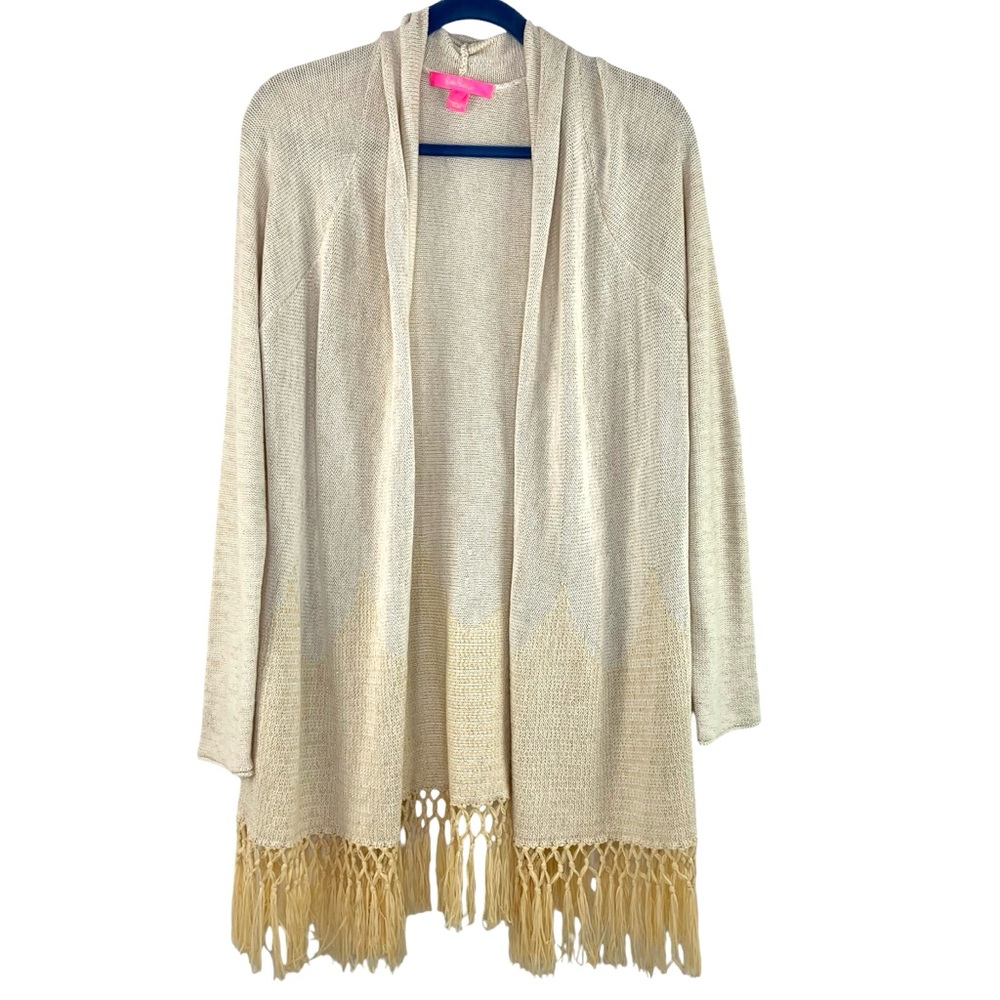 Lilly Pulitzer Cream and Gold Knit Open Front Tatum Cardigan with Fringe - Picture 2 of 6